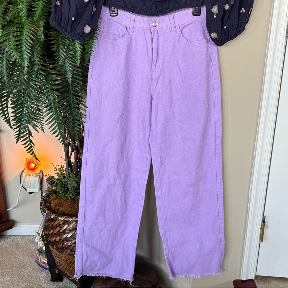 Brand New Free People Navy Floral Embroidered Off Shoulder Top & Lavender Jeans - Picture 10 of 16
